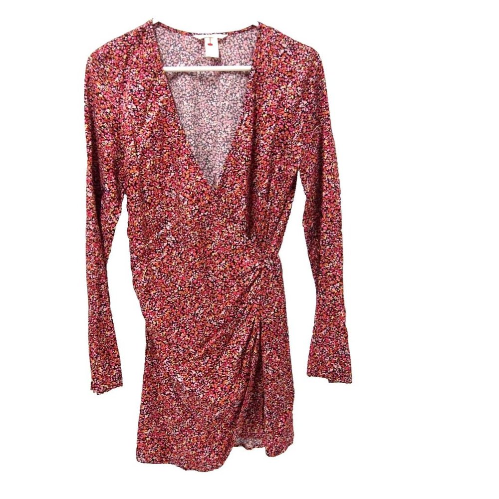 H&M Womens Gathered Dress XS Wrap Long Sleeve Ditsy Floral Black Red